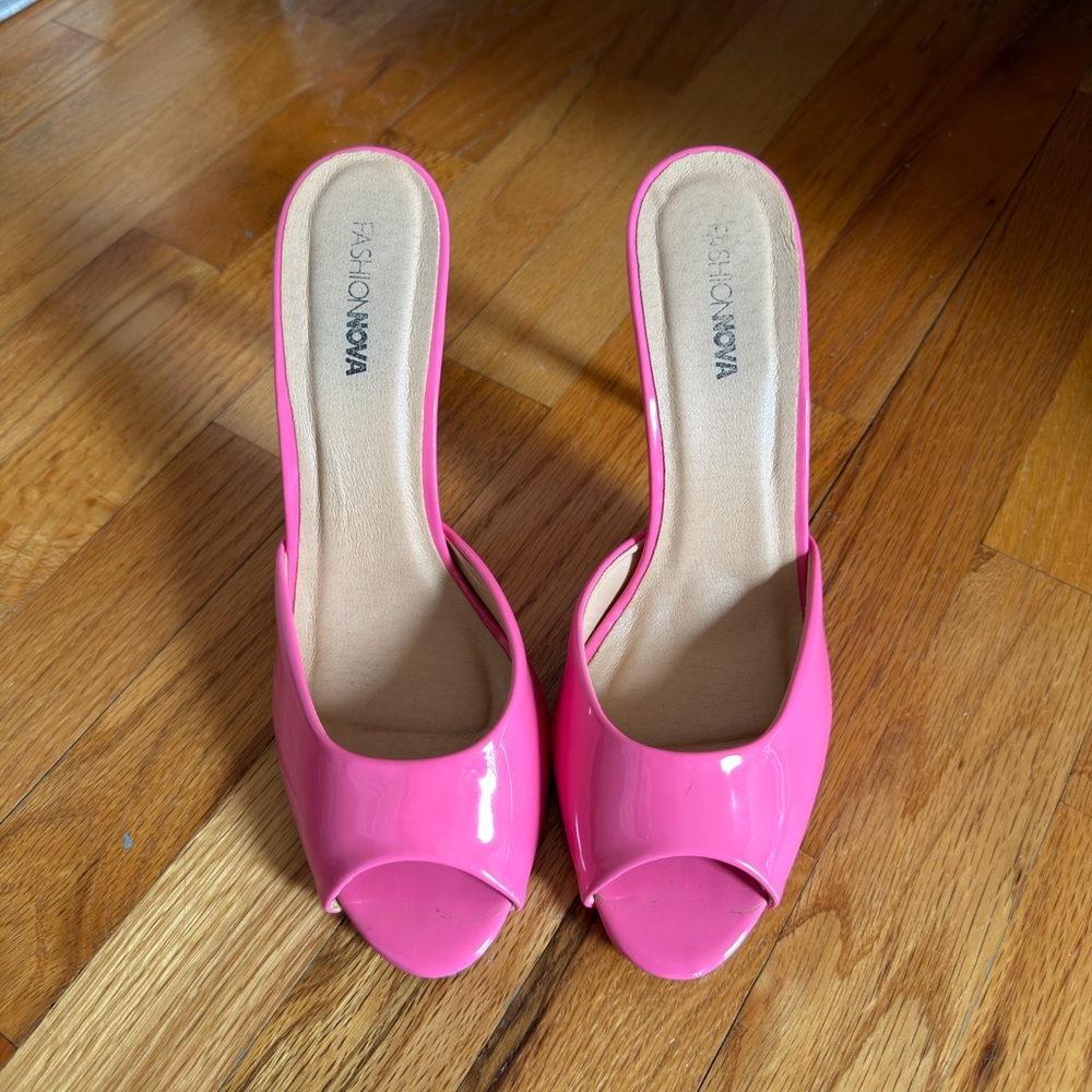 Fashion Nova Hot Pink Patent Peep-Toe Slide Heels